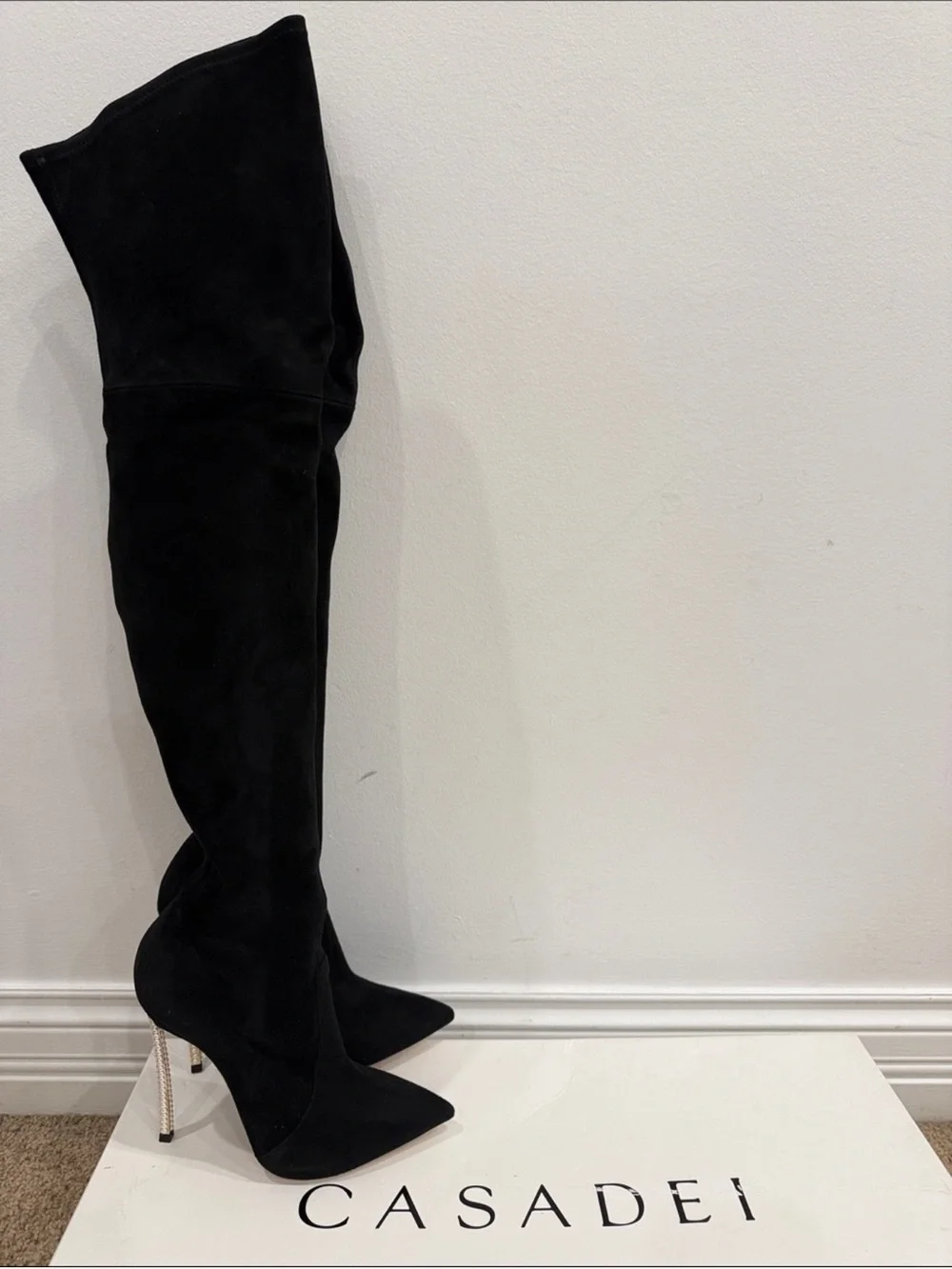 Casadei Black Suede Over The Knee Pearl Heel Boots 37 / US 7 Statement Luxury